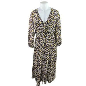 Madewell Black Yellow Floral Long Sleeve V Neck Faux Wrap A Line Maxi Dress 14